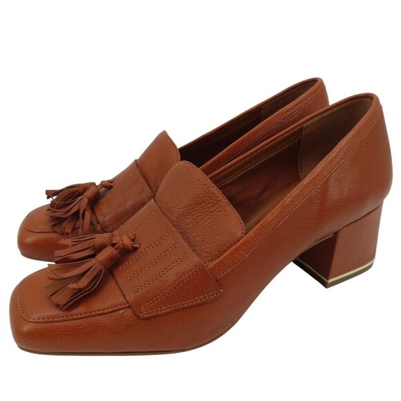Franco Sarto Women 7.5 M ROME Cognac Brown Leather Tassel Gold Trim Loafer Heels - Picture 1 of 13
